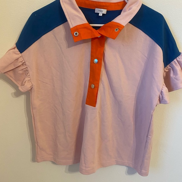 Voy Color Block French Terry Ruffle Top size large - Picture 3 of 10